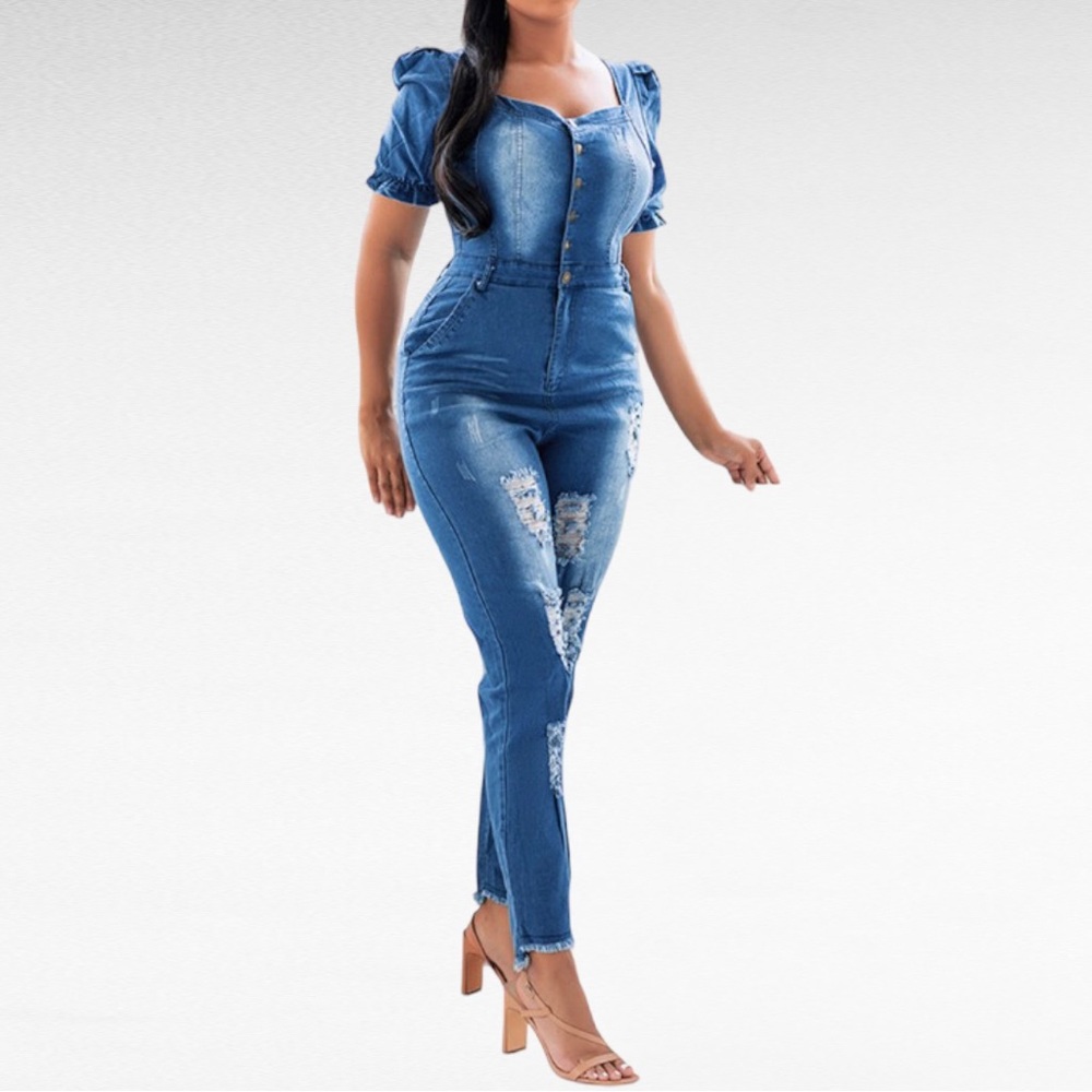 Puff Sleeve Sweetheart Neck Distressed Denim Raw Ankle Jean Overall Jumpsuit